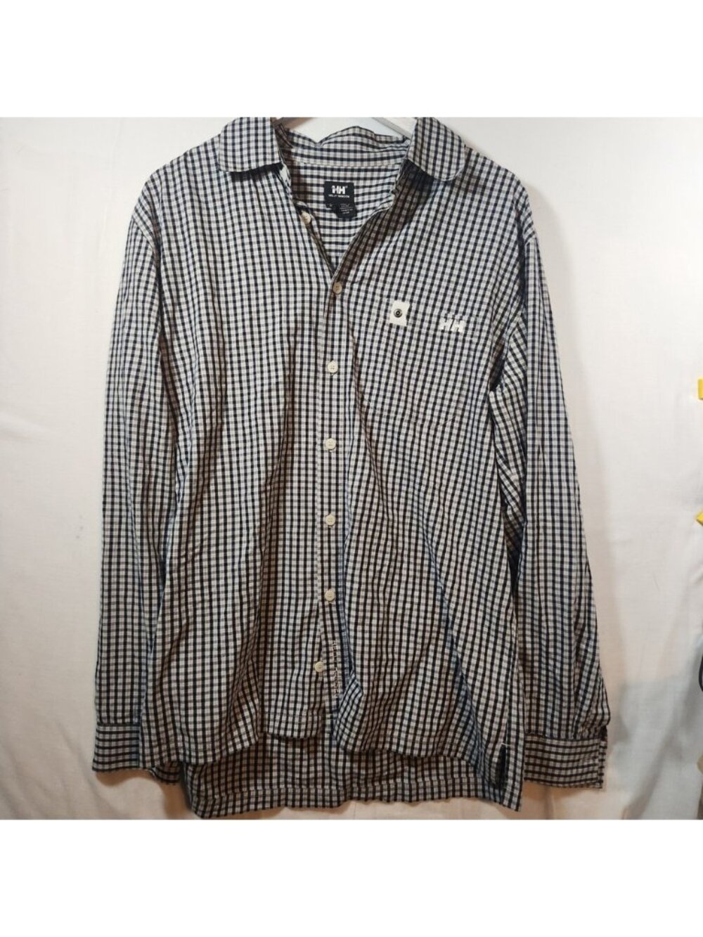 Helly Hansen Mens Large Gingham Check Button Down Shirt Navy Blue‎ White Cotton